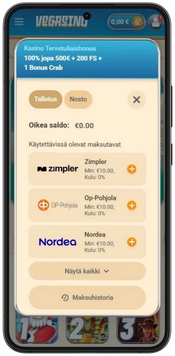 Vegasino talletussivu